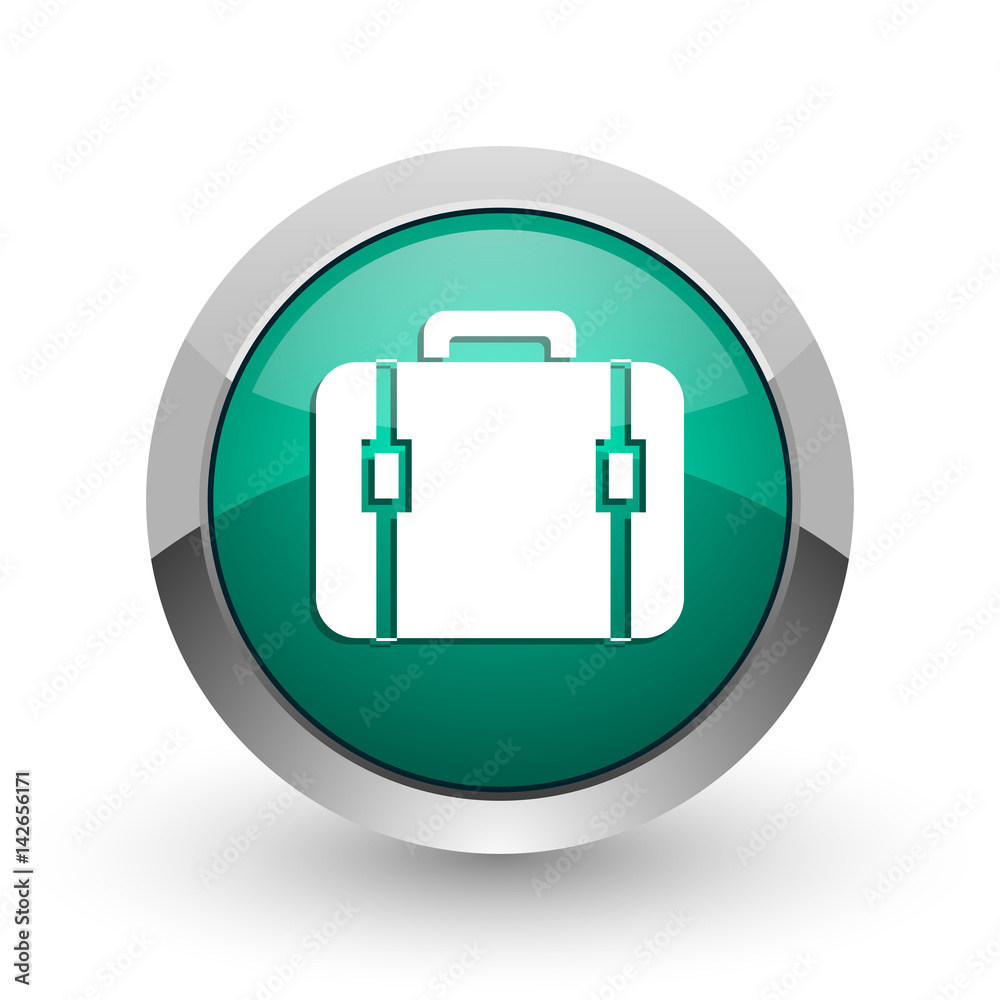 Poster bag silver metallic chrome web design green round internet icon with shadow on white background.