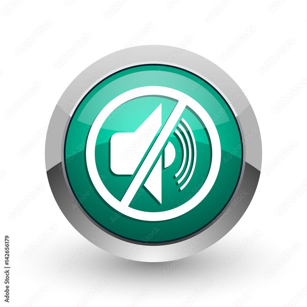 Poster mute silver metallic chrome web design green round internet icon with shadow on white background.