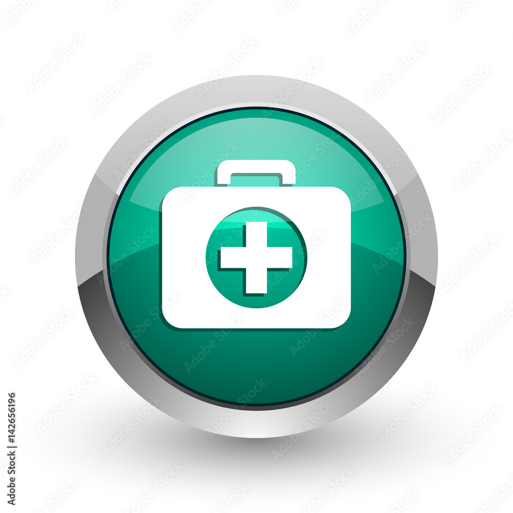 Aufkleber first aid silver metallic chrome web design green round internet icon with shadow on white backgroun
