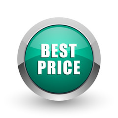Best price silver metallic chrome web design green round internet icon with shadow on white background.