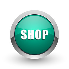 Shop silver metallic chrome web design green round internet icon with shadow on white background.