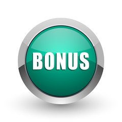 Bonus silver metallic chrome web design green round internet icon with shadow on white background.