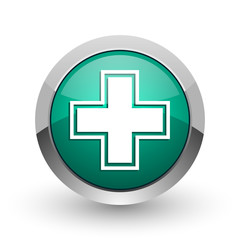 Obraz premium Pharmacy silver metallic chrome web design green round internet icon with shadow on white background.