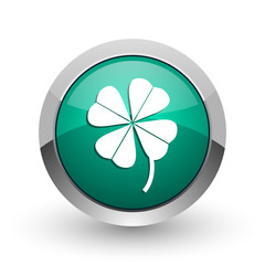 Four-leaf clover silver metallic chrome web design green round internet icon with shadow on white background.