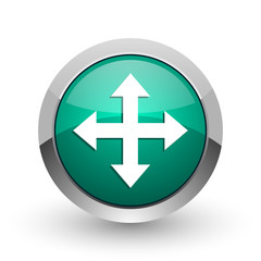 Arrow silver metallic chrome web design green round internet icon with shadow on white background.