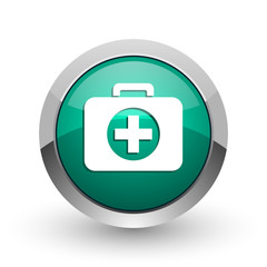First aid silver metallic chrome web design green round internet icon with shadow on white background.