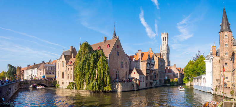 View from the Rozenhoedkaai in Brugge with the Perez de Malvenda house and Belfort van Brugge