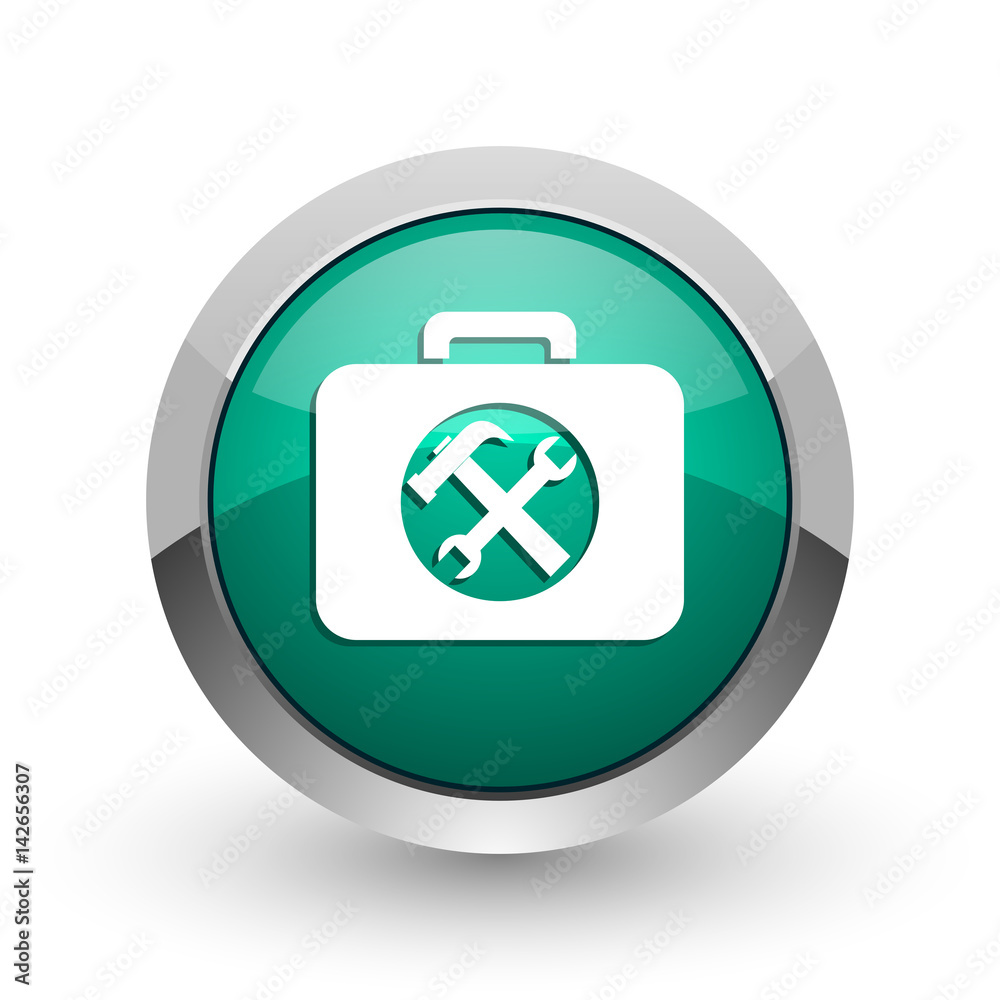 Poster Toolkit silver metallic chrome web design green round internet icon with shadow on white background.