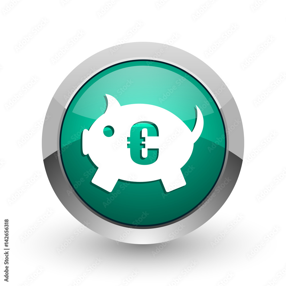 Poster piggy bank silver metallic chrome web design green round internet icon with shadow on white backgrou
