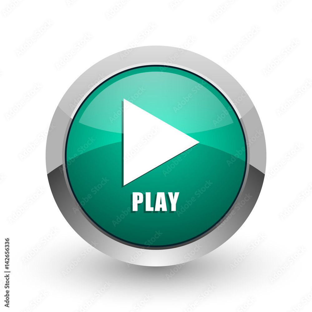 Aufkleber play silver metallic chrome web design green round internet icon with shadow on white background.