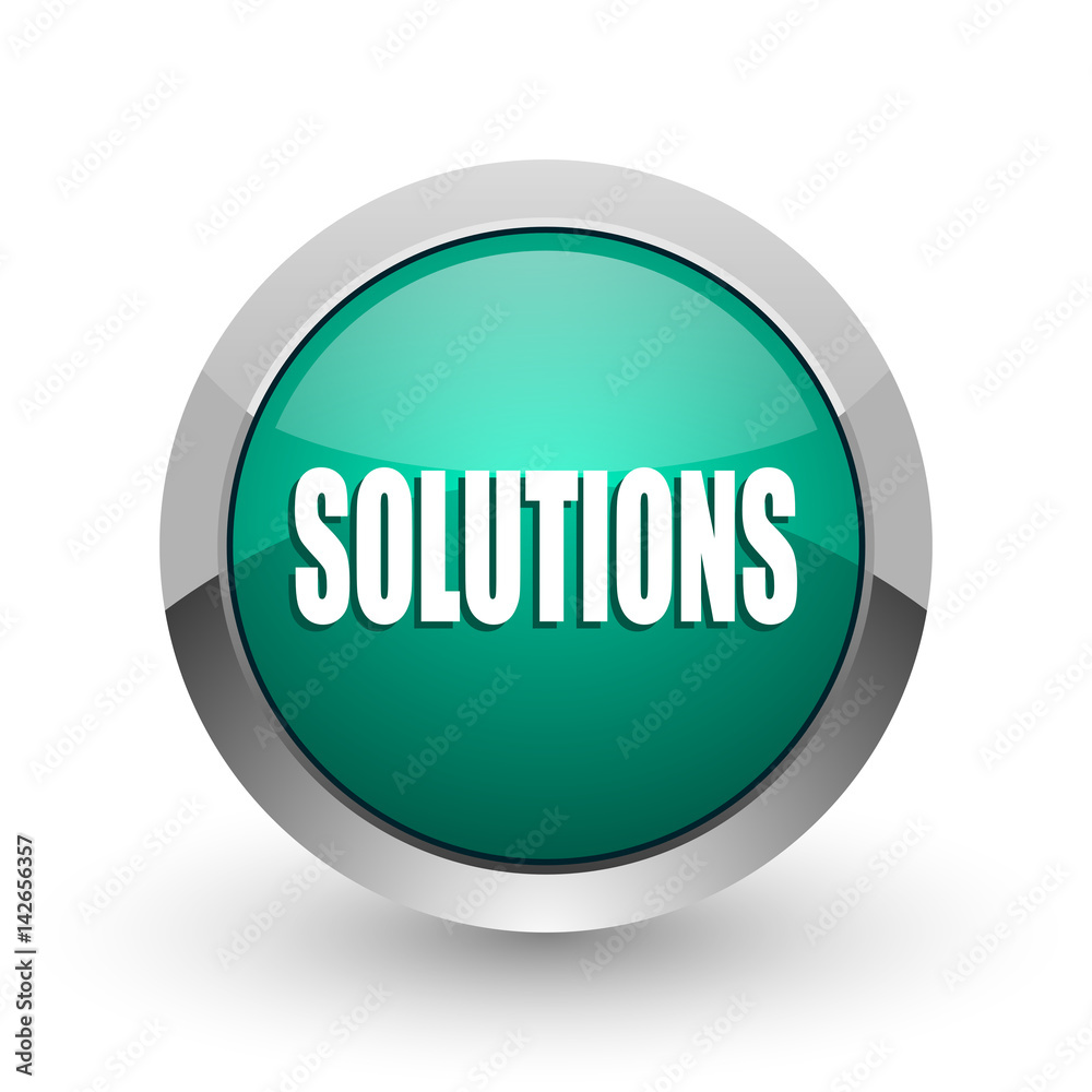 Aufkleber Solutions silver metallic chrome web design green round internet icon with shadow on white background.