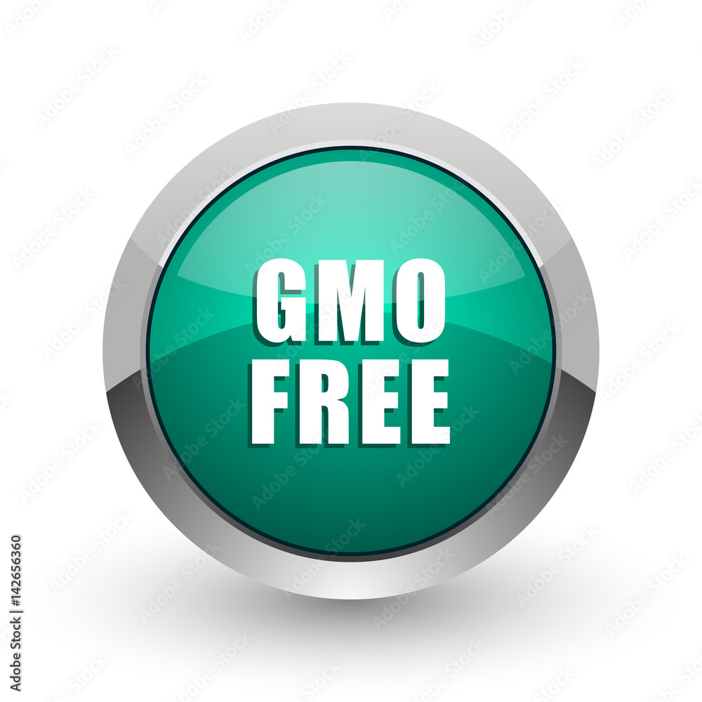 Poster gmo free silver metallic chrome web design green round internet icon with shadow on white background