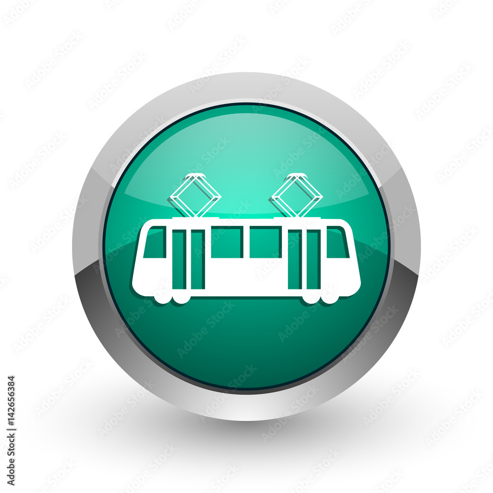 Poster tram silver metallic chrome web design green round internet icon with shadow on white background.