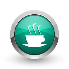 Espresso silver metallic chrome web design green round internet icon with shadow on white background.