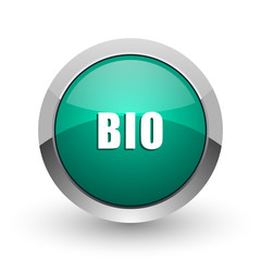 Bio silver metallic chrome web design green round internet icon with shadow on white background.