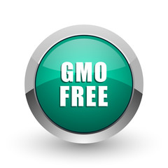 Gmo free silver metallic chrome web design green round internet icon with shadow on white background.