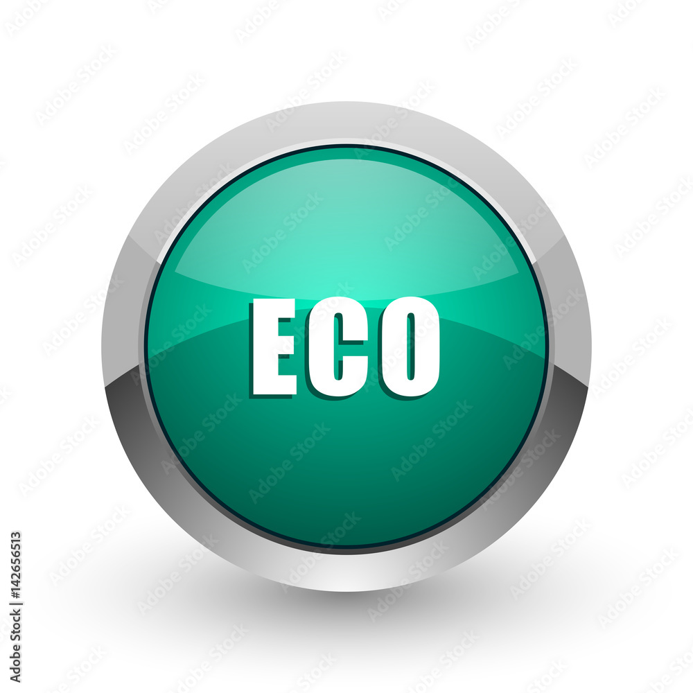 Aufkleber Eco silver metallic chrome web design green round internet icon with shadow on white background.