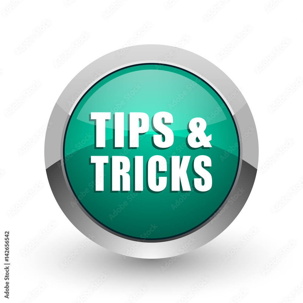 Poster Tips tricks silver metallic chrome web design green round internet icon with shadow on white background.