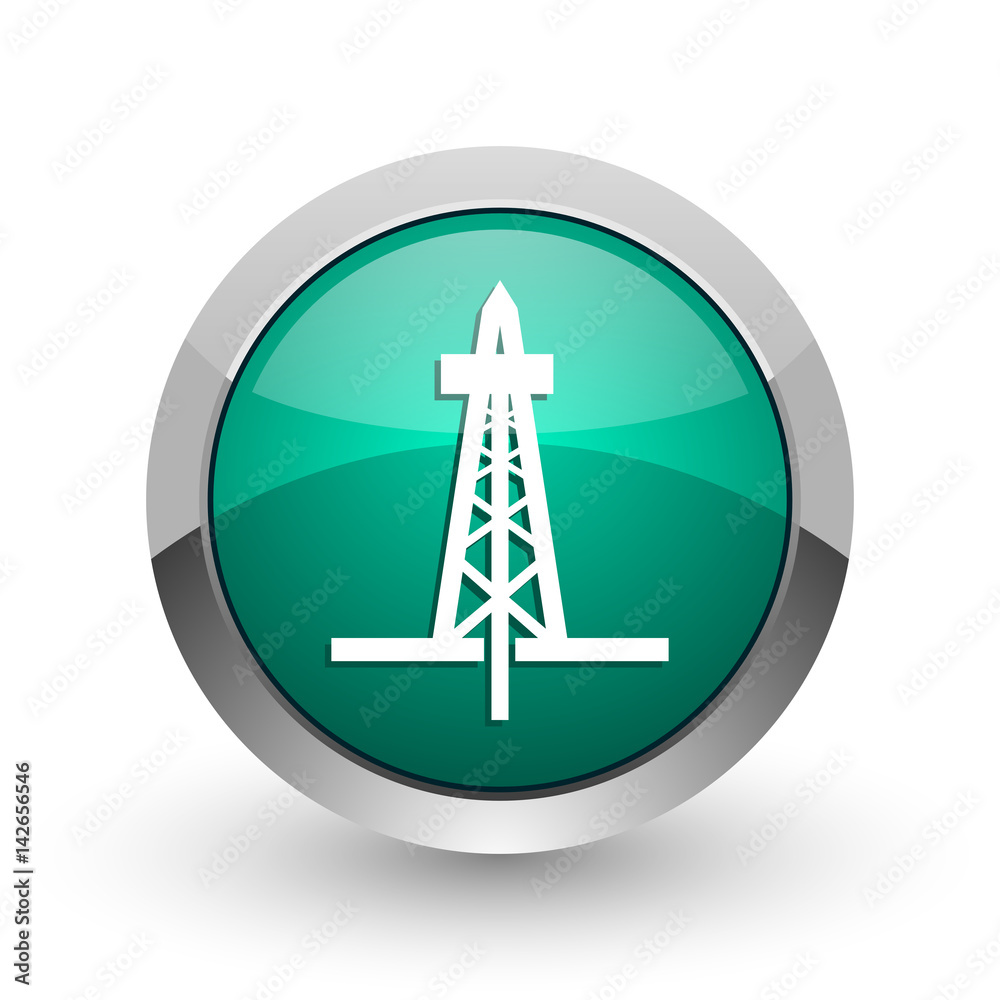 Poster drilling silver metallic chrome web design green round internet icon with shadow on white background