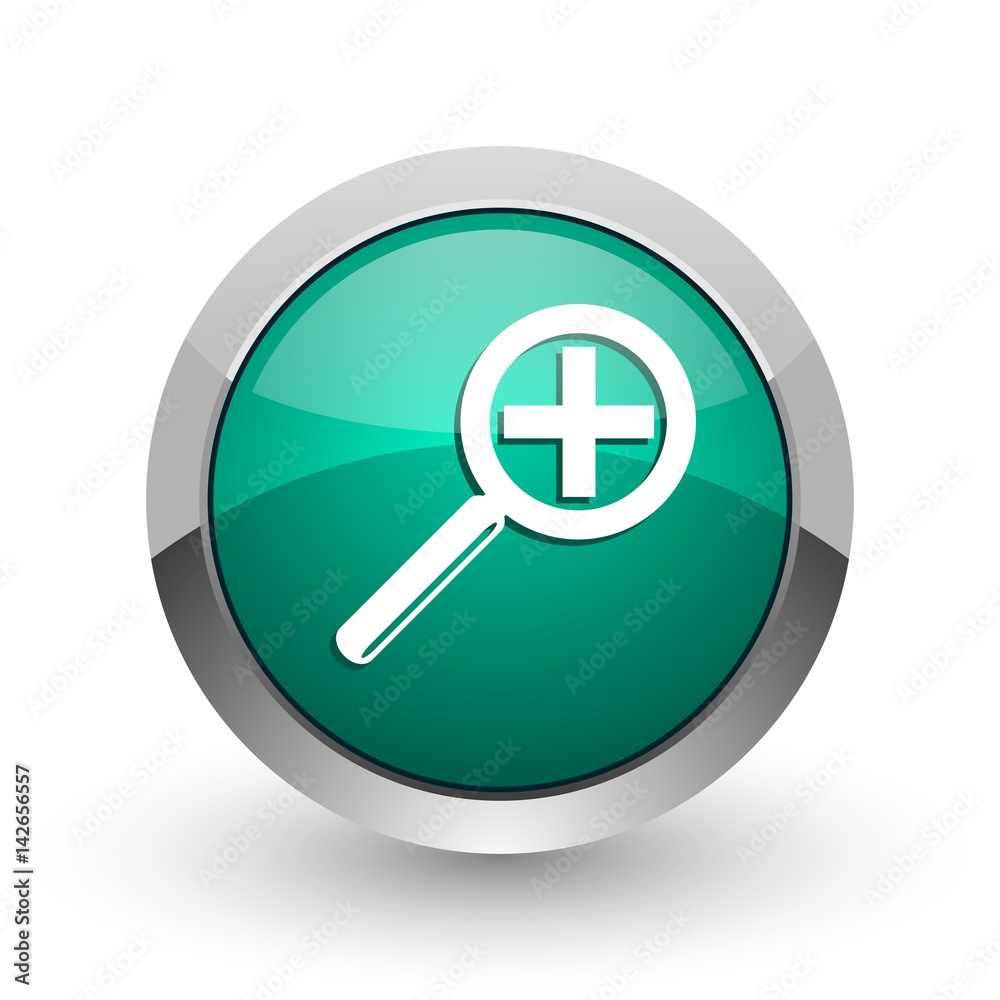 Poster lens silver metallic chrome web design green round internet icon with shadow on white background.