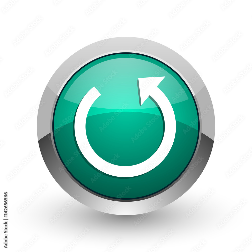 Leinwandbilder rotate silver metallic chrome web design green round internet icon with shadow on white background.