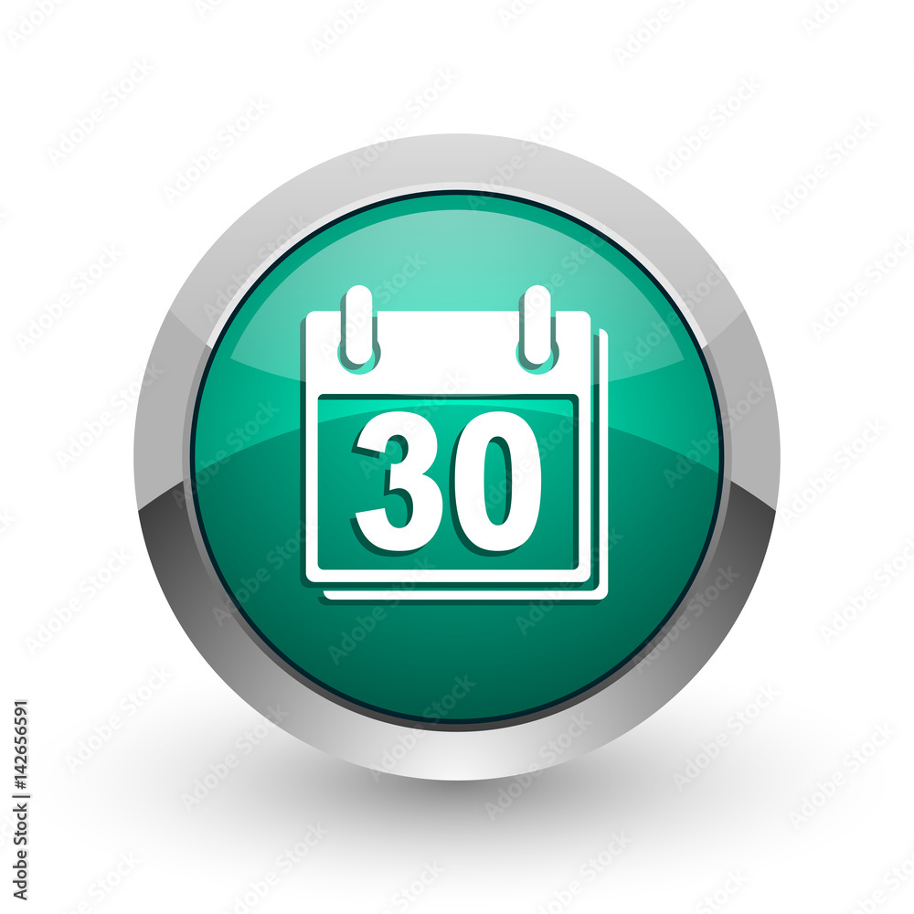 Aufkleber calendar silver metallic chrome web design green round internet icon with shadow on white background
