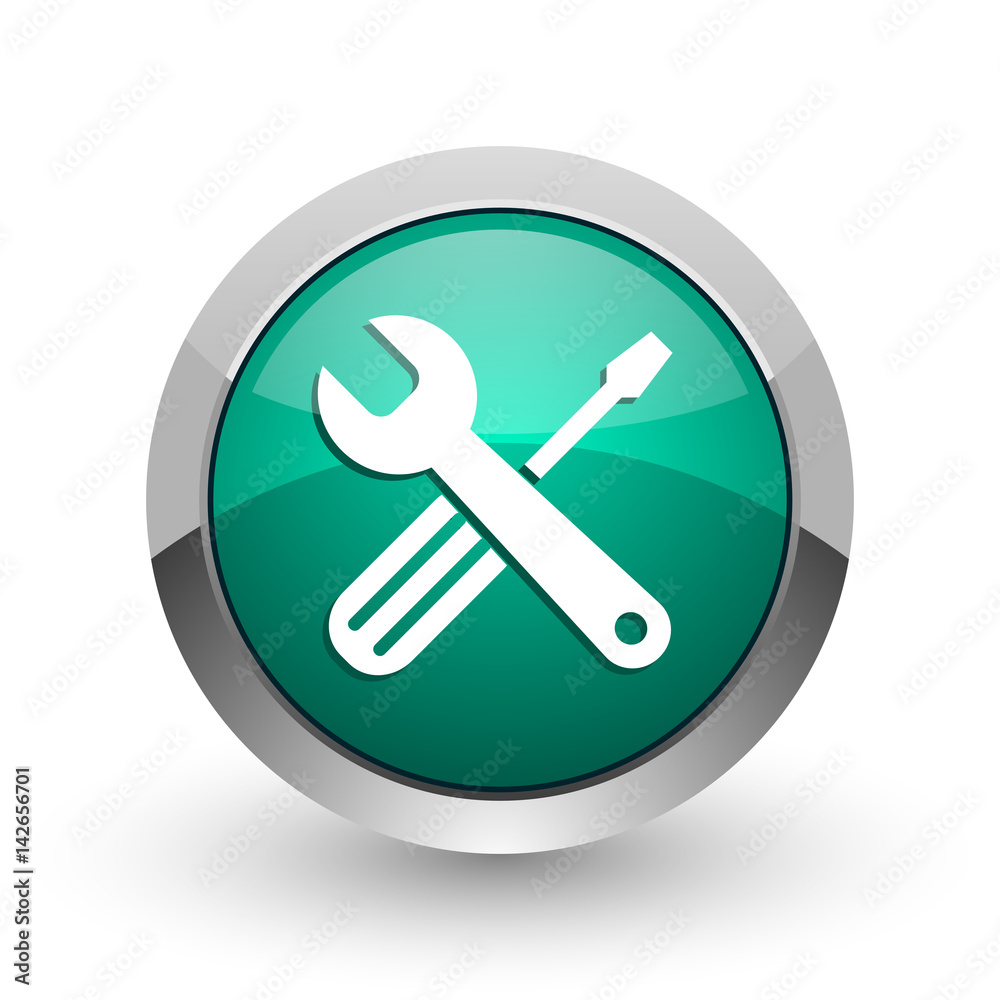 Aufkleber Tools silver metallic chrome web design green round internet icon with shadow on white background.
