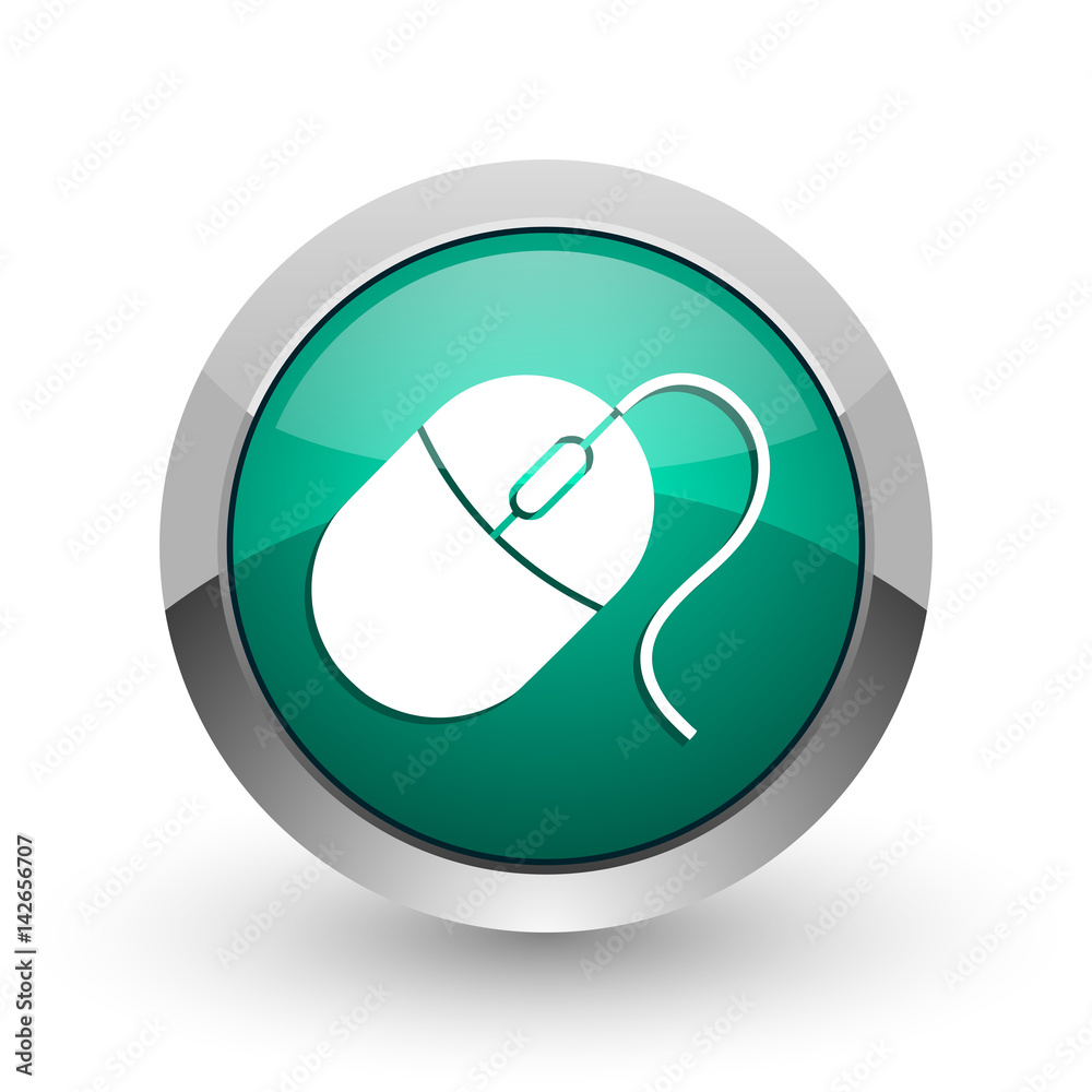 Poster mouse silver metallic chrome web design green round internet icon with shadow on white background.