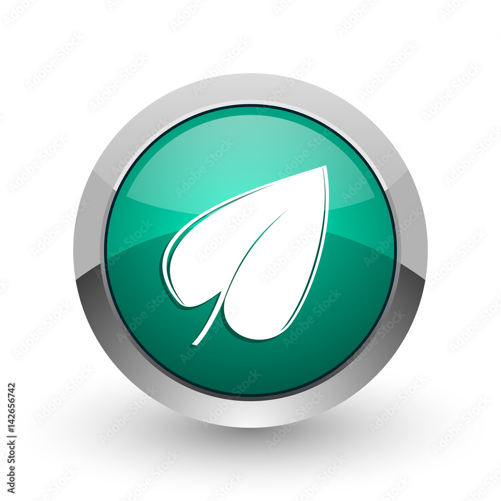 Poster leaf silver metallic chrome web design green round internet icon with shadow on white background.