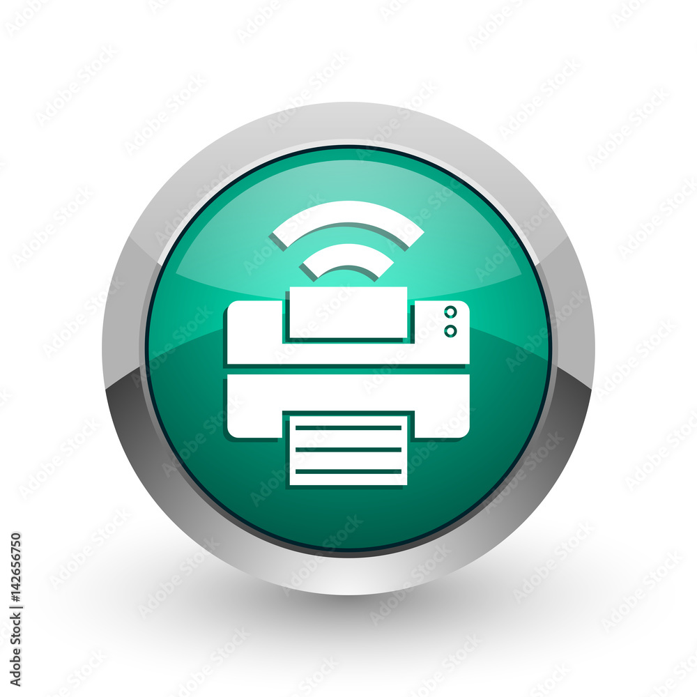 Poster printer silver metallic chrome web design green round internet icon with shadow on white background.