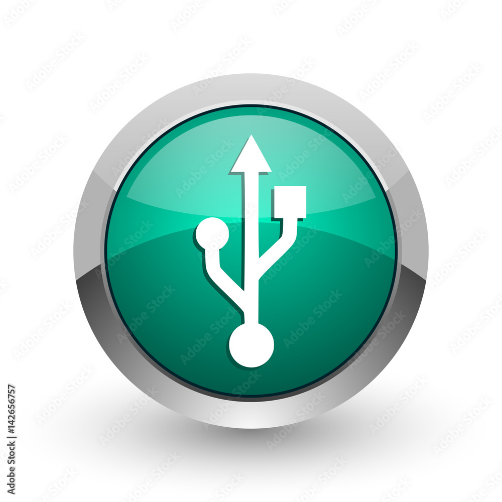 Aufkleber usb silver metallic chrome web design green round internet icon with shadow on white background.