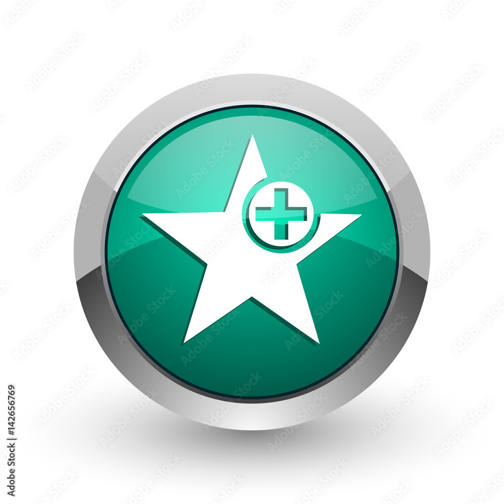 Poster star silver metallic chrome web design green round internet icon with shadow on white background.