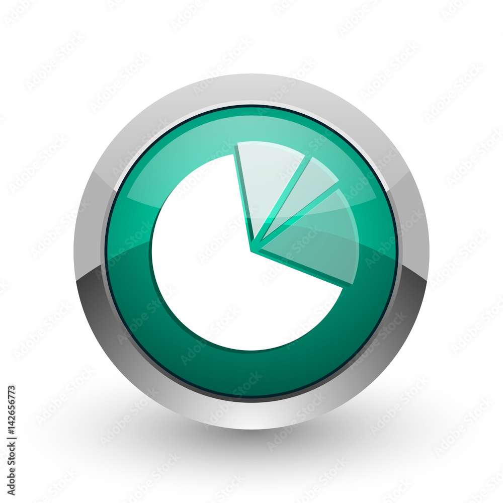 Poster diagram silver metallic chrome web design green round internet icon with shadow on white background.