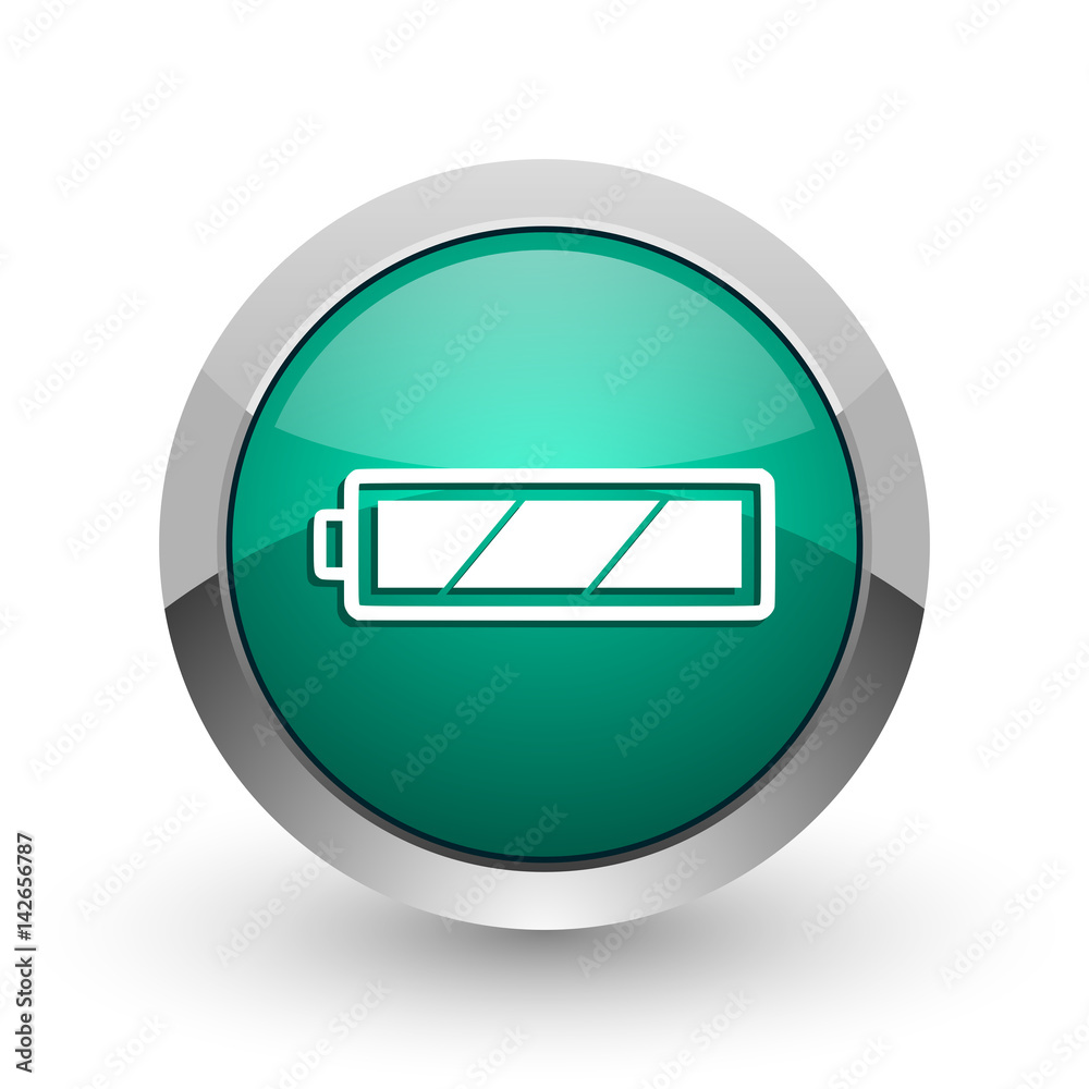 Poster battery silver metallic chrome web design green round internet icon with shadow on white background.