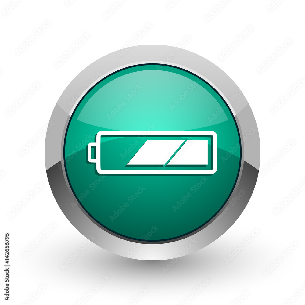 Poster battery silver metallic chrome web design green round internet icon with shadow on white background.