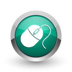 Mouse silver metallic chrome web design green round internet icon with shadow on white background.