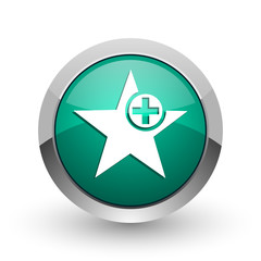 Star silver metallic chrome web design green round internet icon with shadow on white background.