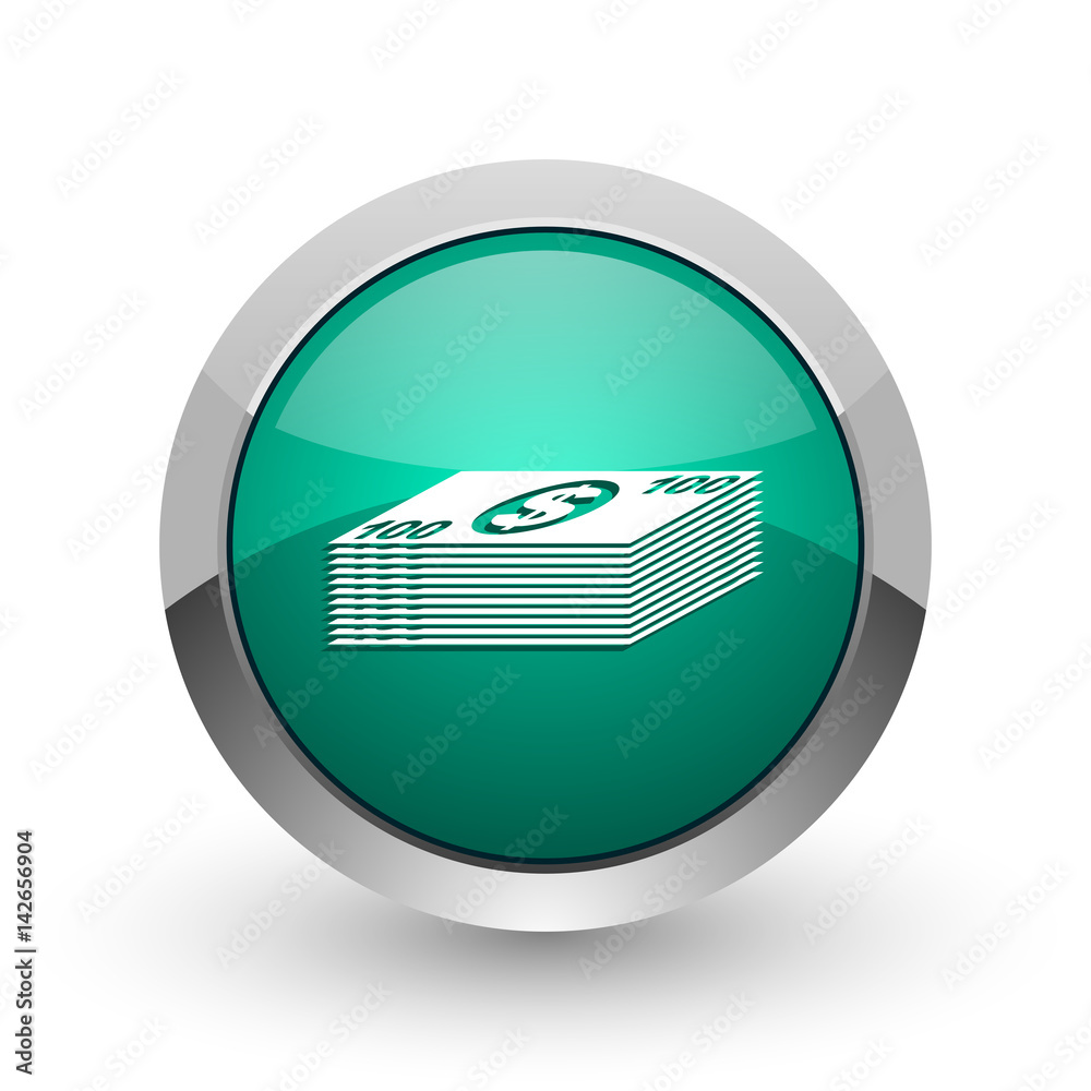 Poster money silver metallic chrome web design green round internet icon with shadow on white background.