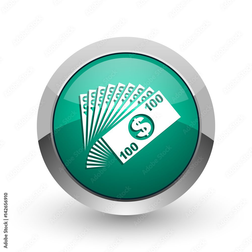 Poster money silver metallic chrome web design green round internet icon with shadow on white background.