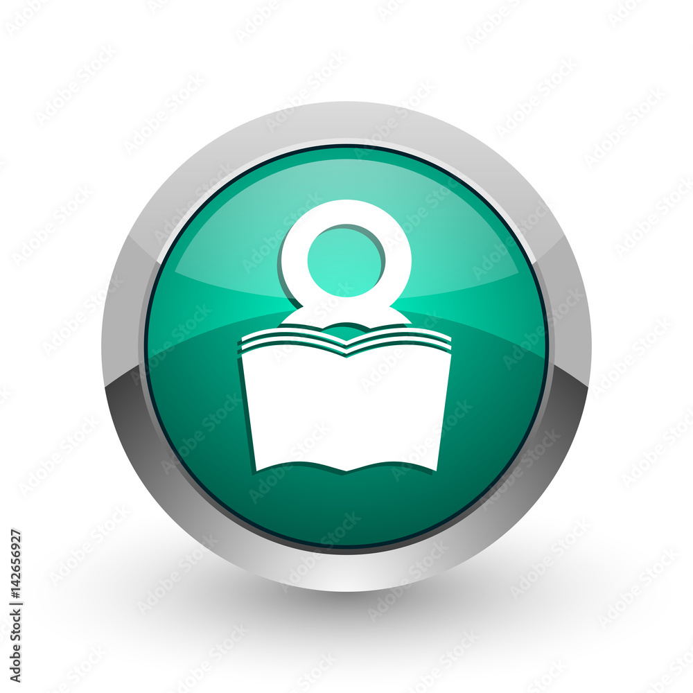 Aufkleber book silver metallic chrome web design green round internet icon with shadow on white background.