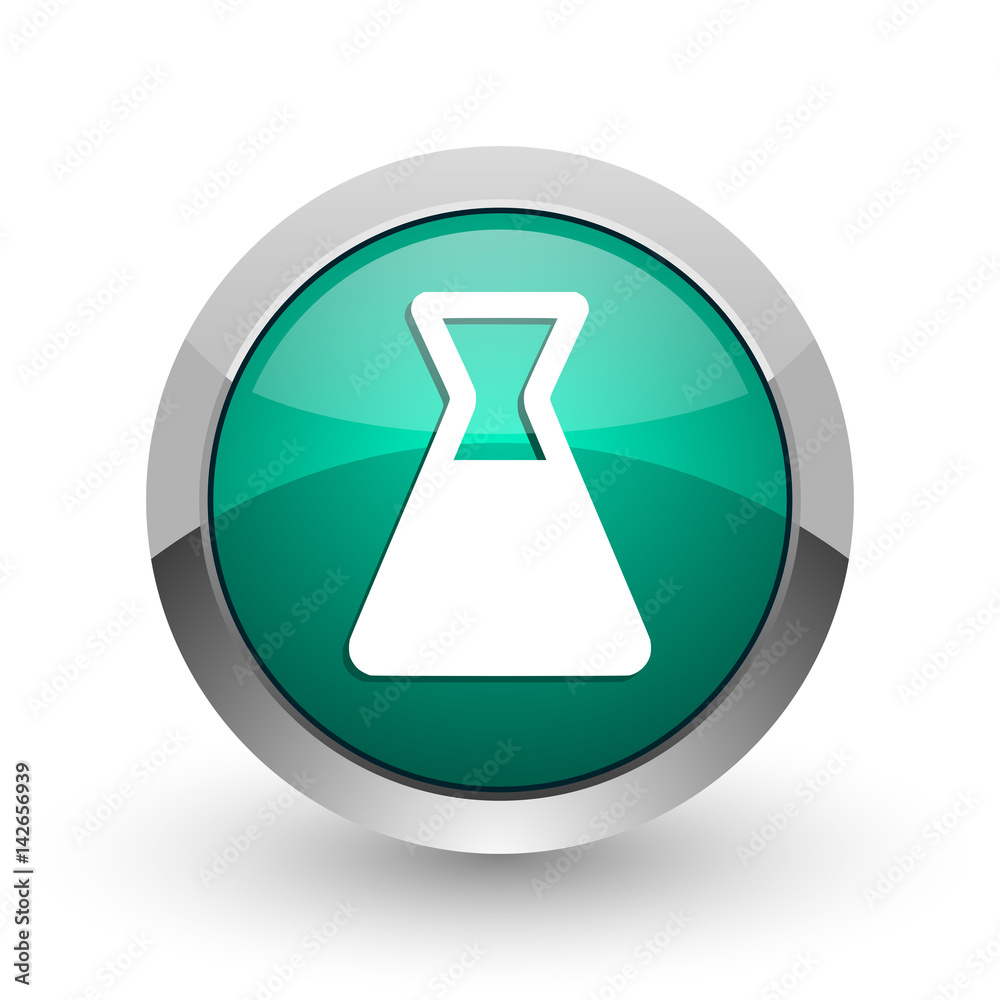 Poster laboratory silver metallic chrome web design green round internet icon with shadow on white backgrou