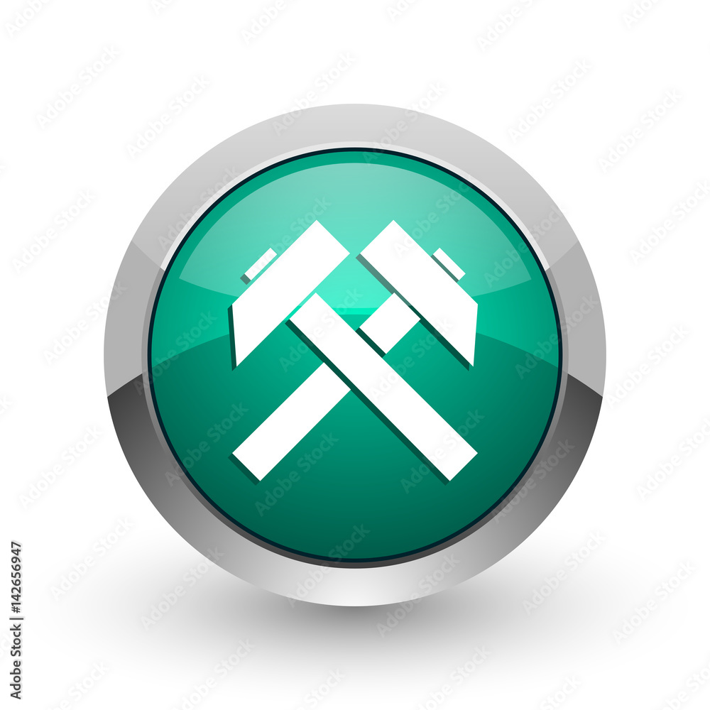 Aufkleber mining silver metallic chrome web design green round internet icon with shadow on white background.