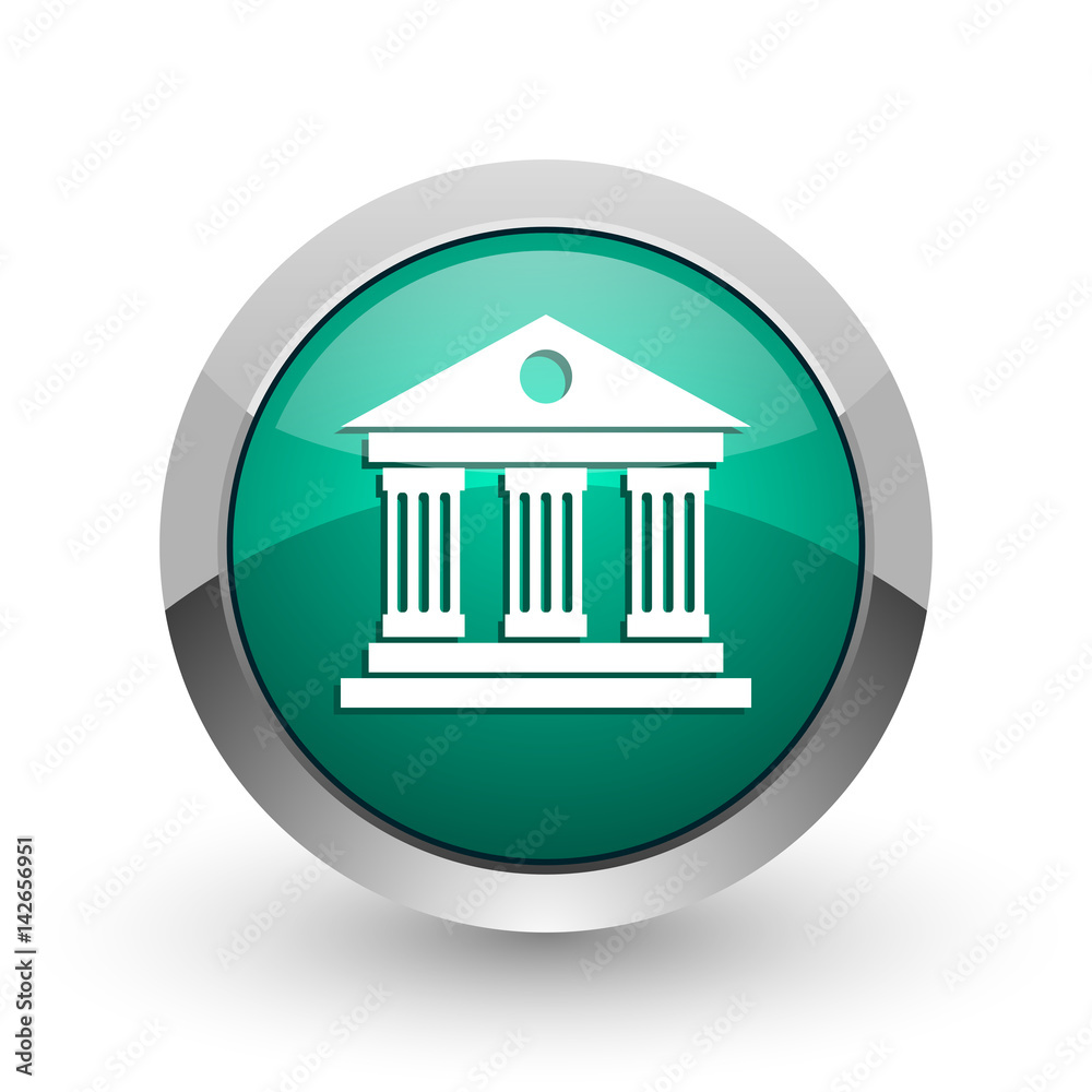 Poster museum silver metallic chrome web design green round internet icon with shadow on white background.