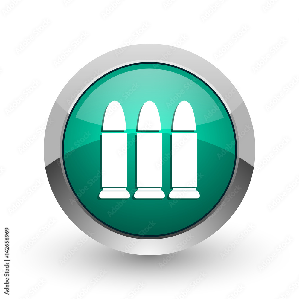 Aufkleber ammunition silver metallic chrome web design green round internet icon with shadow on white backgrou