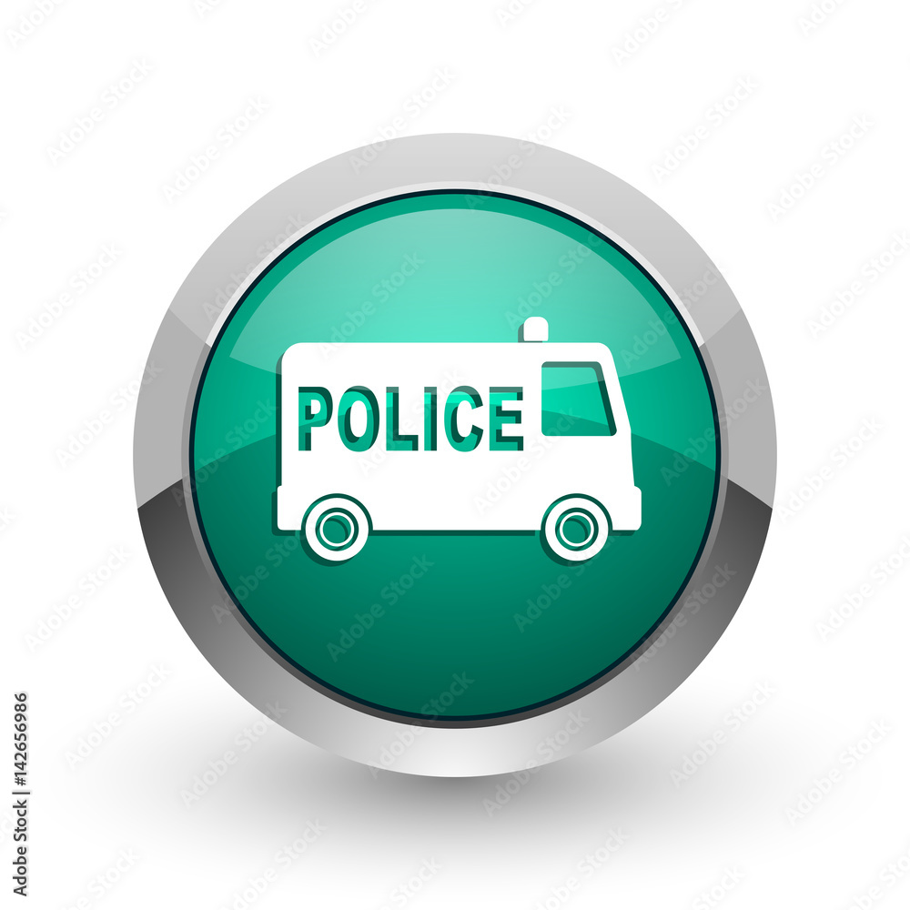 Aufkleber police silver metallic chrome web design green round internet icon with shadow on white background.