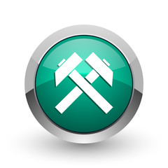 Mining silver metallic chrome web design green round internet icon with shadow on white background.