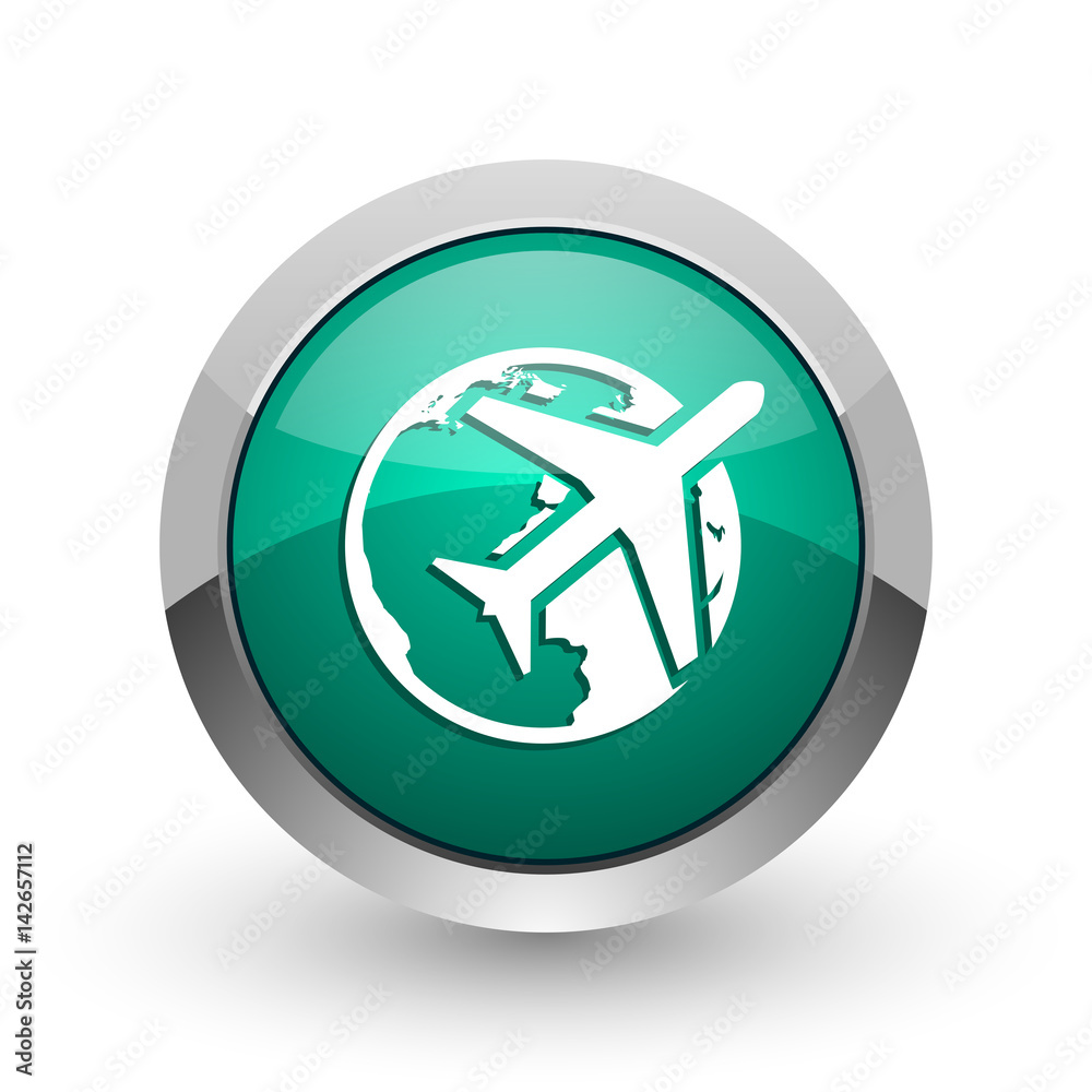Poster travel silver metallic chrome web design green round internet icon with shadow on white background.
