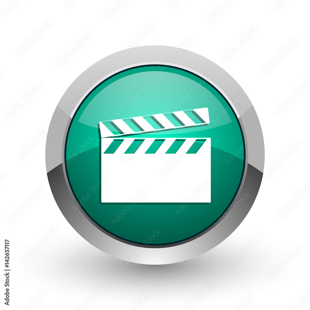 Poster video silver metallic chrome web design green round internet icon with shadow on white background.
