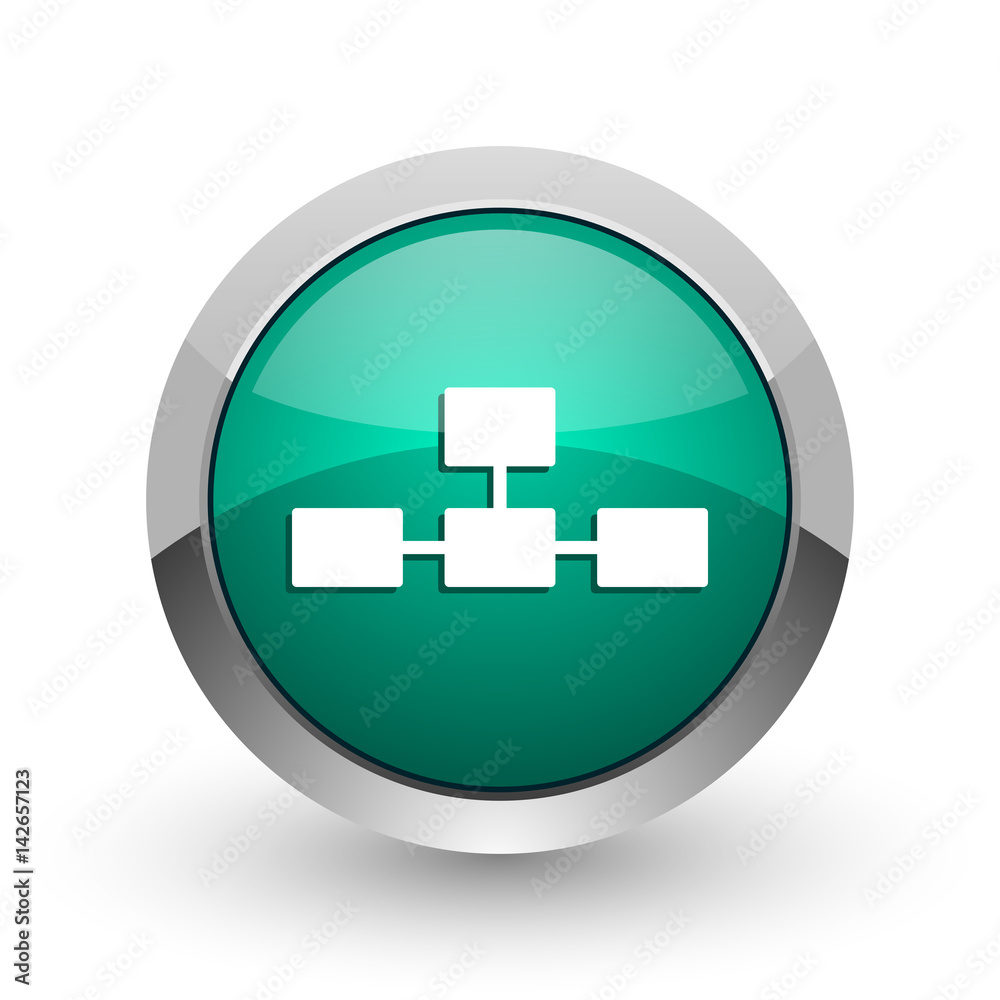 Poster Database silver metallic chrome web design green round internet icon with shadow on white background.