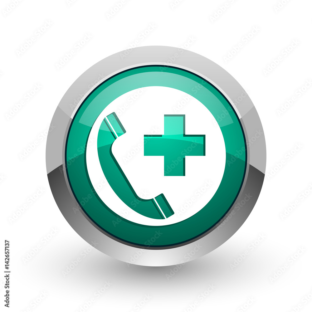 Poster Emergency call silver metallic chrome web design green round internet icon with shadow on white background.